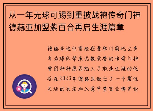 从一年无球可踢到重披战袍传奇门神德赫亚加盟紫百合再启生涯篇章